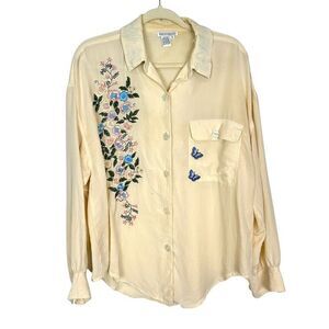 Lew Magram Silk blouse Vintage Womens 12 Cream Top Embroidered Floral Button Up